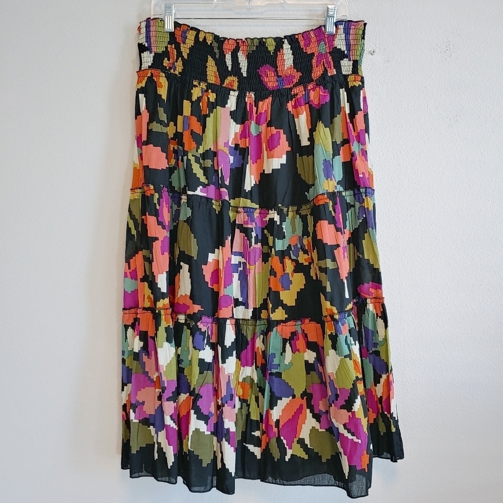 Chaudry KC Boho Gypsy Peasant Tiered Smocked Floral Midi Skirt Sz XL